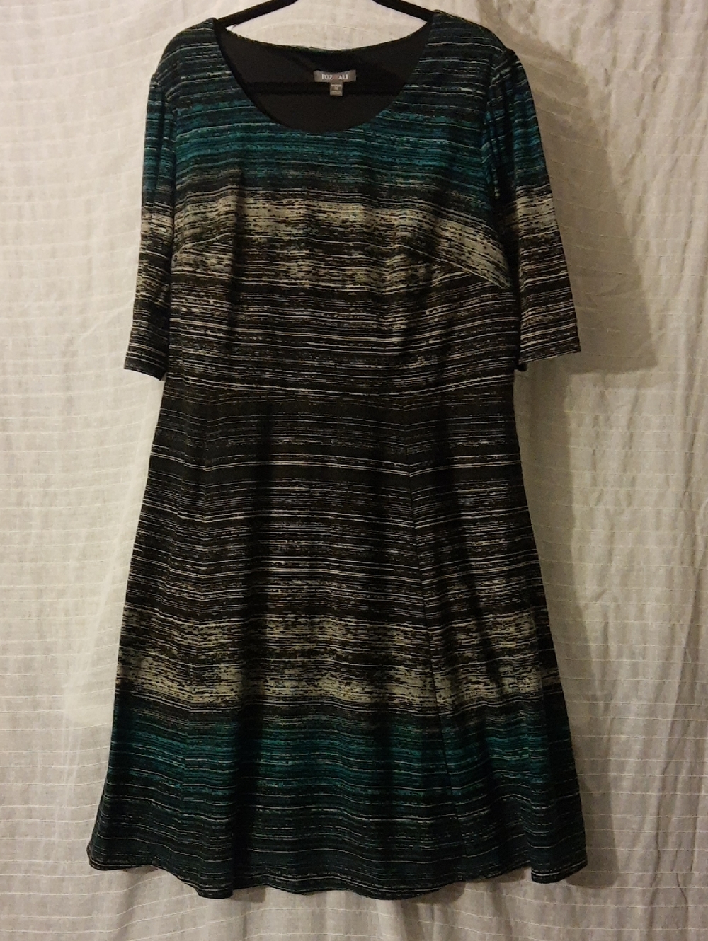Roz & Ali Black Teal and Cream Striped A-Line Midi Dress